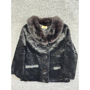 Vintage Winter Jacket Womens Medium Black Faux Fur Collar Short Coat 60s Elegant
